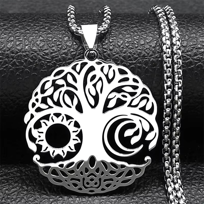 Pendentif Arbre de Vie Argenté – Harmonie, Soleil & Lune