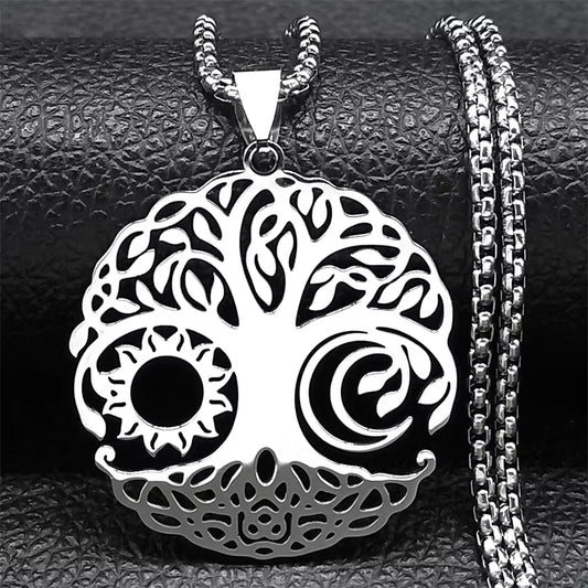 Pendentif Arbre de Vie Argenté – Harmonie, Soleil & Lune