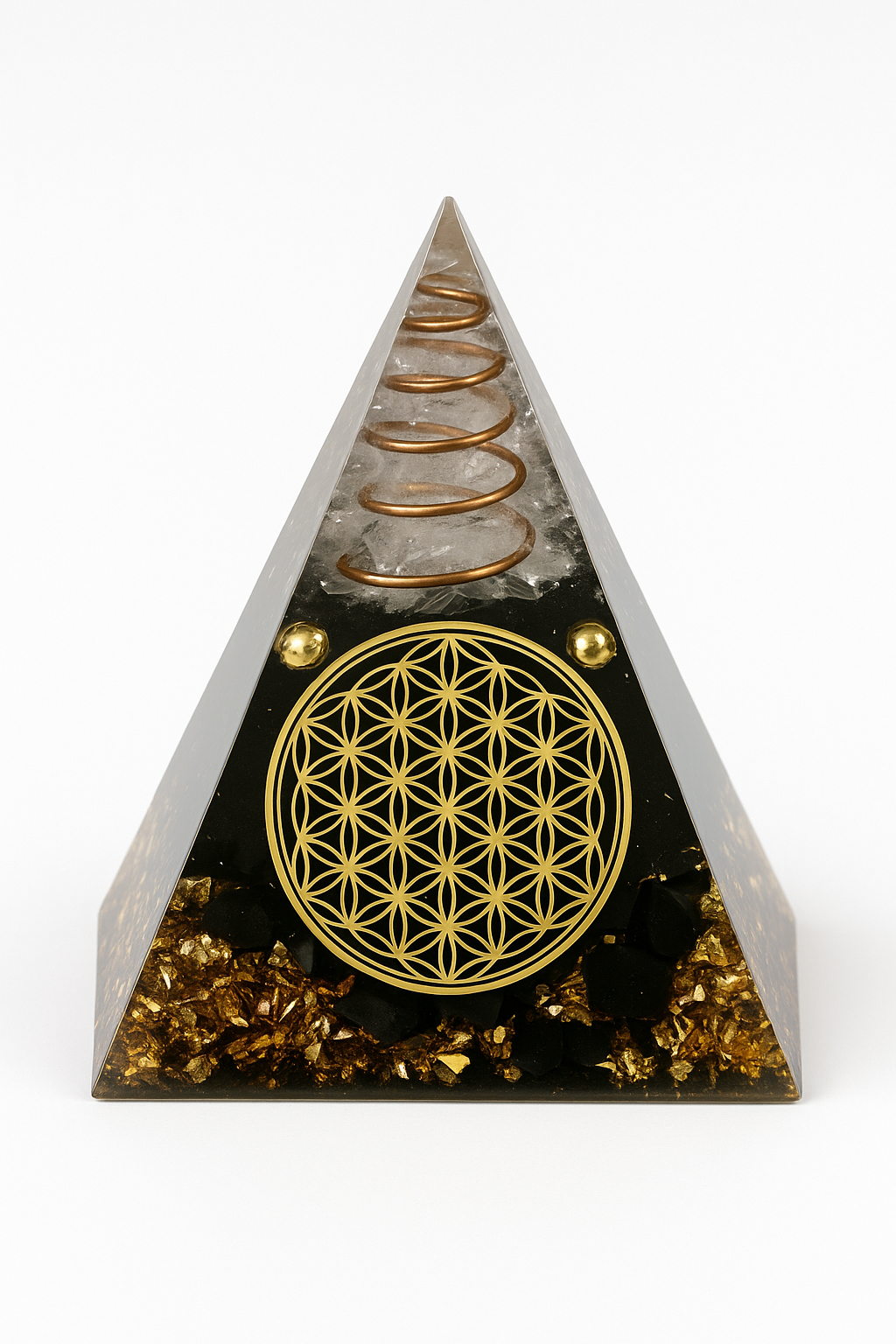 Orgonite Pyramide Cristal de Roche & Obsidienne Noire – 6 cm