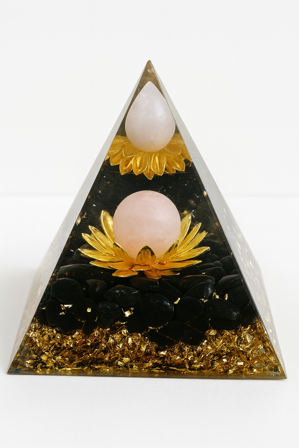Orgonite Pyramide Quartz Rose & Obsidienne Noire – 6 cm