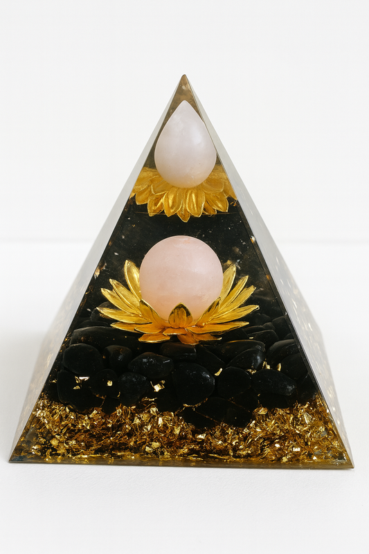 Orgonite Pyramide Quartz Rose & Obsidienne Noire – 6 cm
