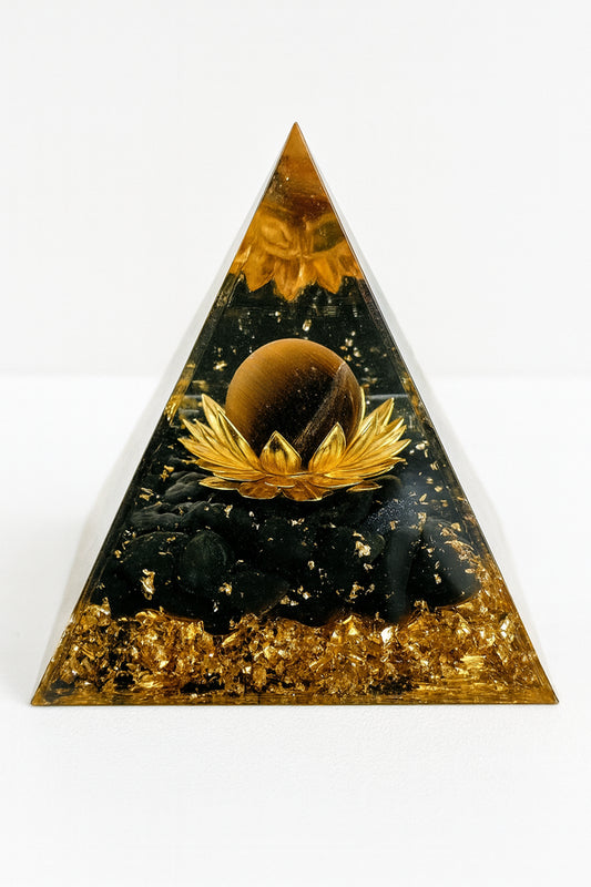 Orgonite Pyramide Œil de Tigre & Obsidienne Noire – 6 cm